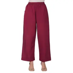Women's Casual Cotton Cambric Solid Elastic Palazzo Trousers (Maroon)