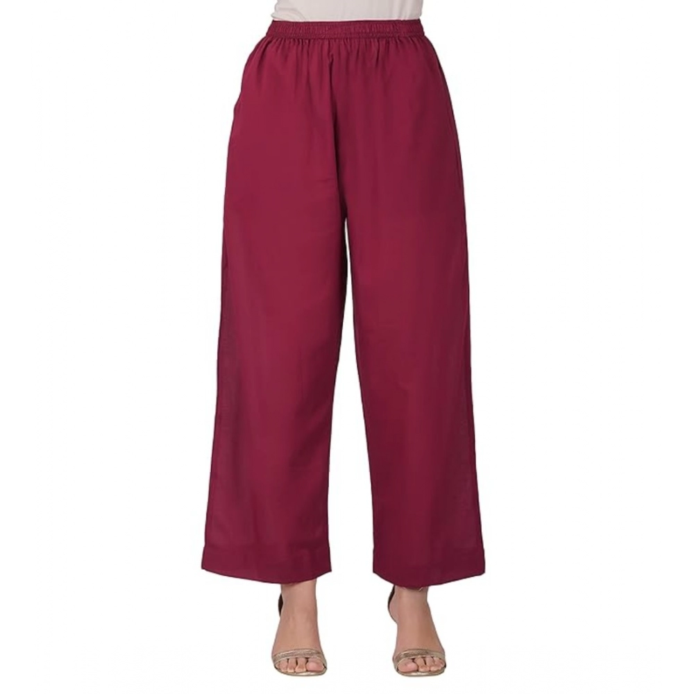 Women's Casual Cotton Cambric Solid Elastic Palazzo Trousers (Maroon)