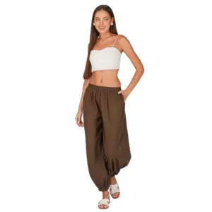 Women's Casual Cotton Cambric Solid Elastic Waist Patiala Harem Pants (Brown)