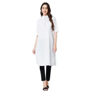 Women's Casual Cotton Solid 3-4 Sleeve Kurti (White)