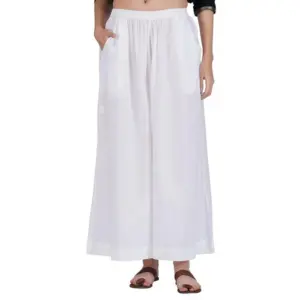 Women's Casual Cotton Solid Elastic Palazzo (White)