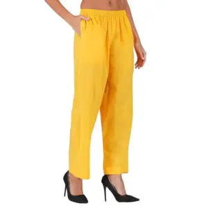 Women's Casual Cotton Cambric Solid Elastic Palazzo Trousers (Yellow)