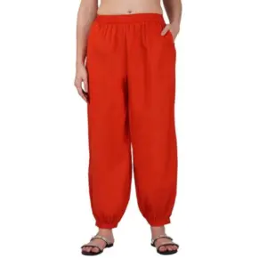 Women's Casual Cotton Cambric Solid Elastic Waist Patiala Harem Pants (Rust)