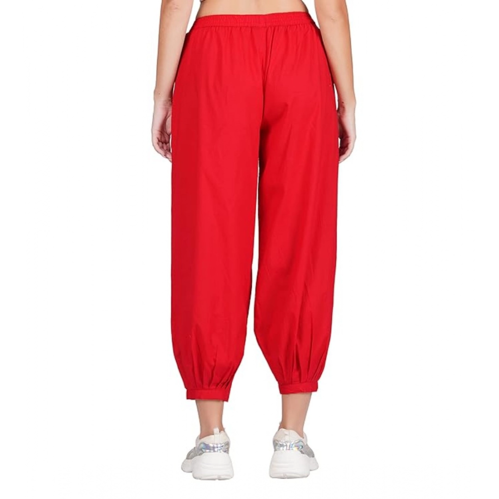 Women's Casual Cotton Cambric Solid Elastic Waist Patiala Harem Pants (Red) - Image 3