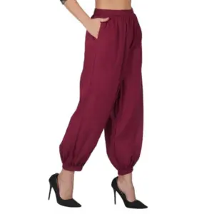 Women's Casual Cotton Cambric Solid Elastic Waist Patiala Harem Pants (Maroon)