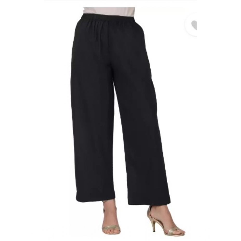 Women's Casual Cotton Cambric Solid Elastic Palazzo Trousers (Black) - Image 3