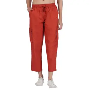 Women's Casual Cotton Solid Cargo Pants (Rust)