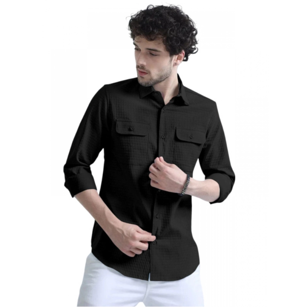 Men's Casual Short Sleeve Striped Cotton Blended Shirt (Black)