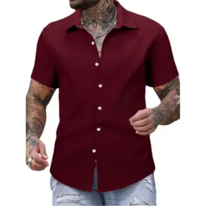 Men's Casual Short Sleeve Striped Cotton Blended Shirt (Maroon)