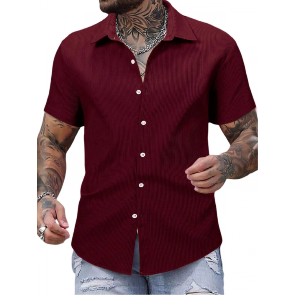 Men's Casual Short Sleeve Striped Cotton Blended Shirt (Maroon)
