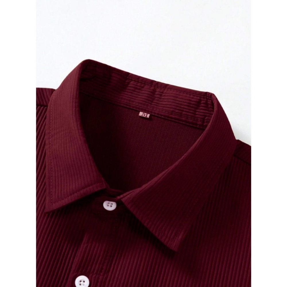 Men's Casual Short Sleeve Striped Cotton Blended Shirt (Maroon) - Image 4