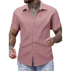 Men's Casual Short Sleeve Striped Cotton Blended Shirt (Pink)