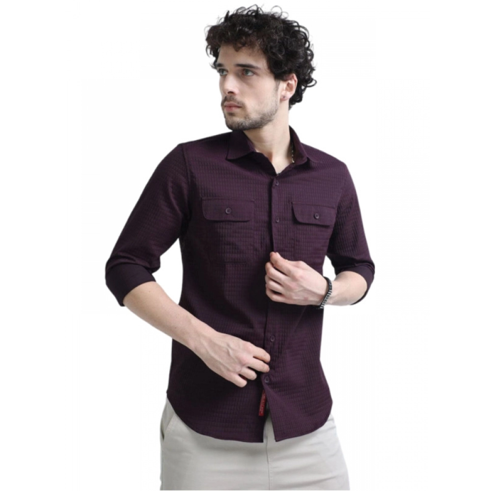 Men's Casual Short Sleeve Striped Cotton Blended Shirt (Maroon)
