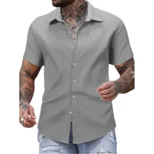 Men's Casual Short Sleeve Striped Cotton Blended Shirt (Grey)