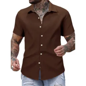 Men's Casual Short Sleeve Striped Cotton Blended Shirt (Brown)