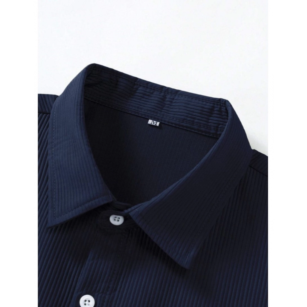 Men's Casual Short Sleeve Striped Cotton Blended Shirt (Navy) - Image 4