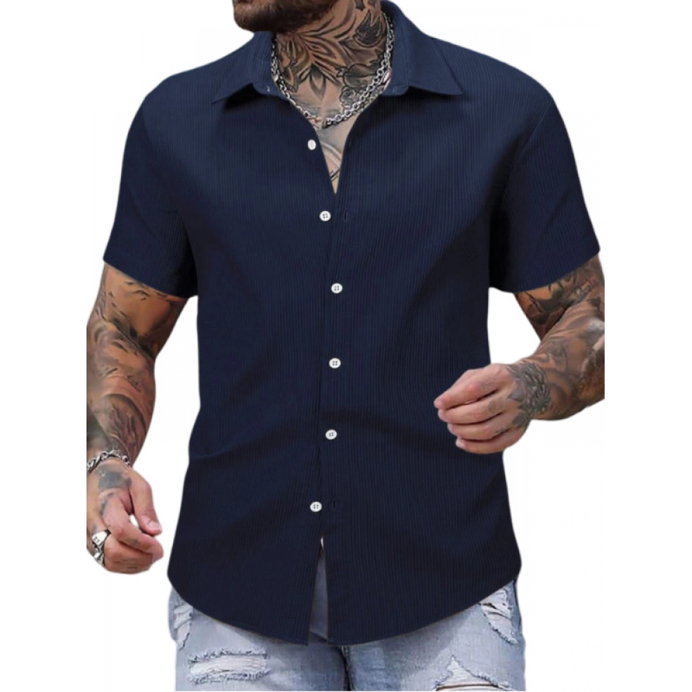 Men's Casual Short Sleeve Striped Cotton Blended Shirt (Navy)
