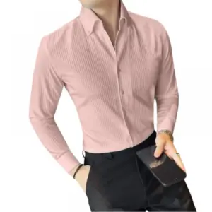 Men's Casual Full Sleeve Striped Cotton Blended Shirt (Pink)