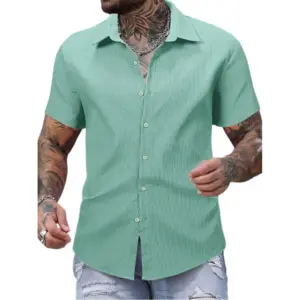 Men's Casual Short Sleeve Striped Cotton Blended Shirt (Green)