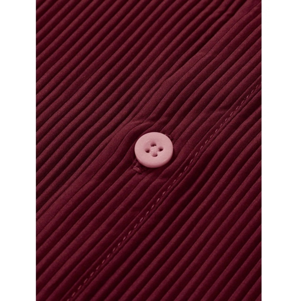 Men's Casual Short Sleeve Striped Cotton Blended Shirt (Maroon) - Image 2