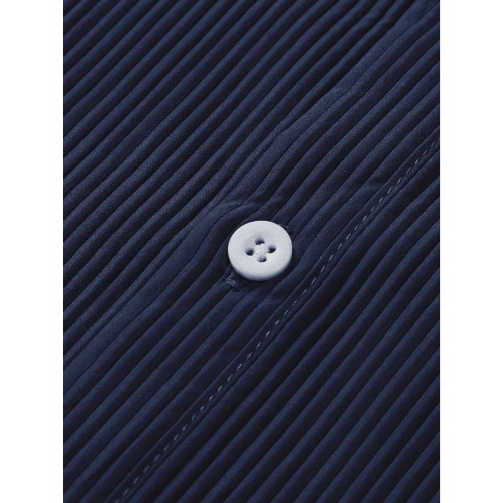 Men's Casual Short Sleeve Striped Cotton Blended Shirt (Navy) - Image 2