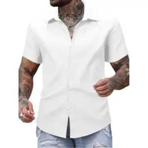 Men's Casual Short Sleeve Striped Cotton Blended Shirt (White)