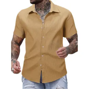 Men's Casual Short Sleeve Striped Cotton Blended Shirt (Yellow)