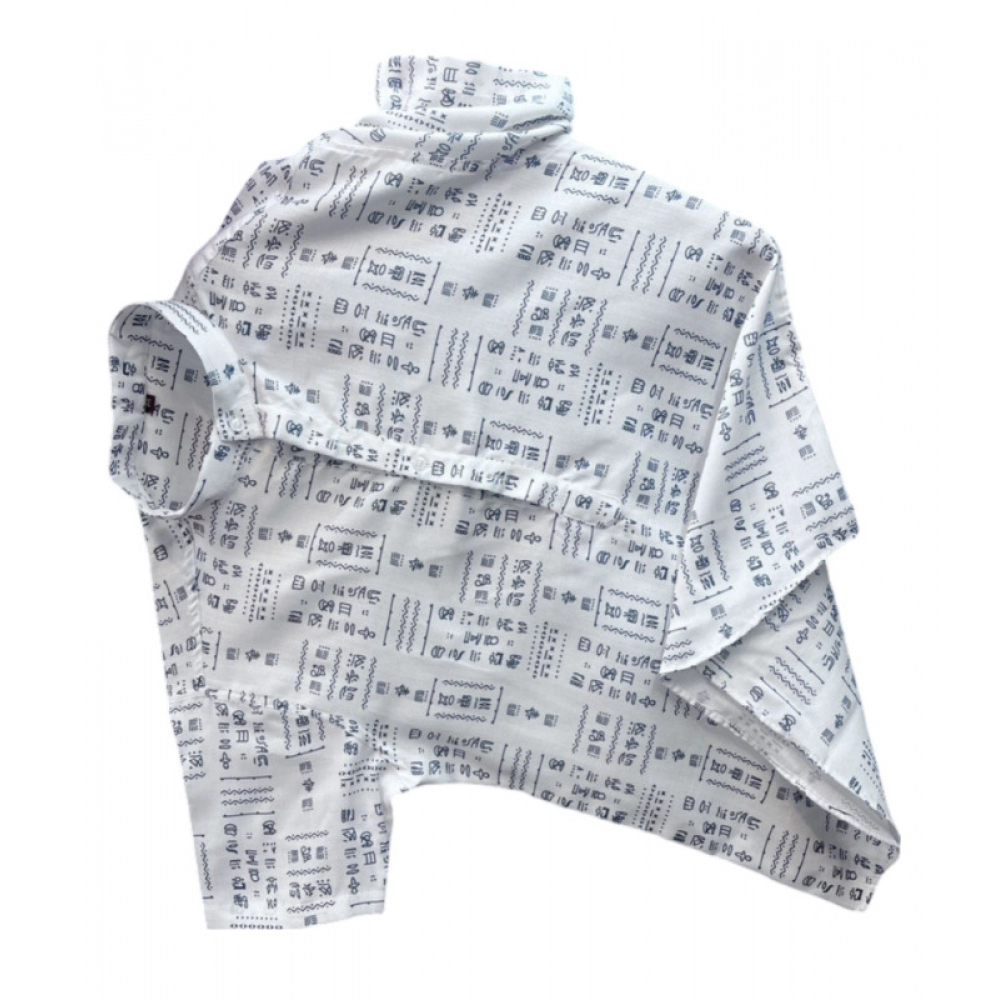 Men's Casual Short Sleeve Printed Cotton Blended Shirt (White)