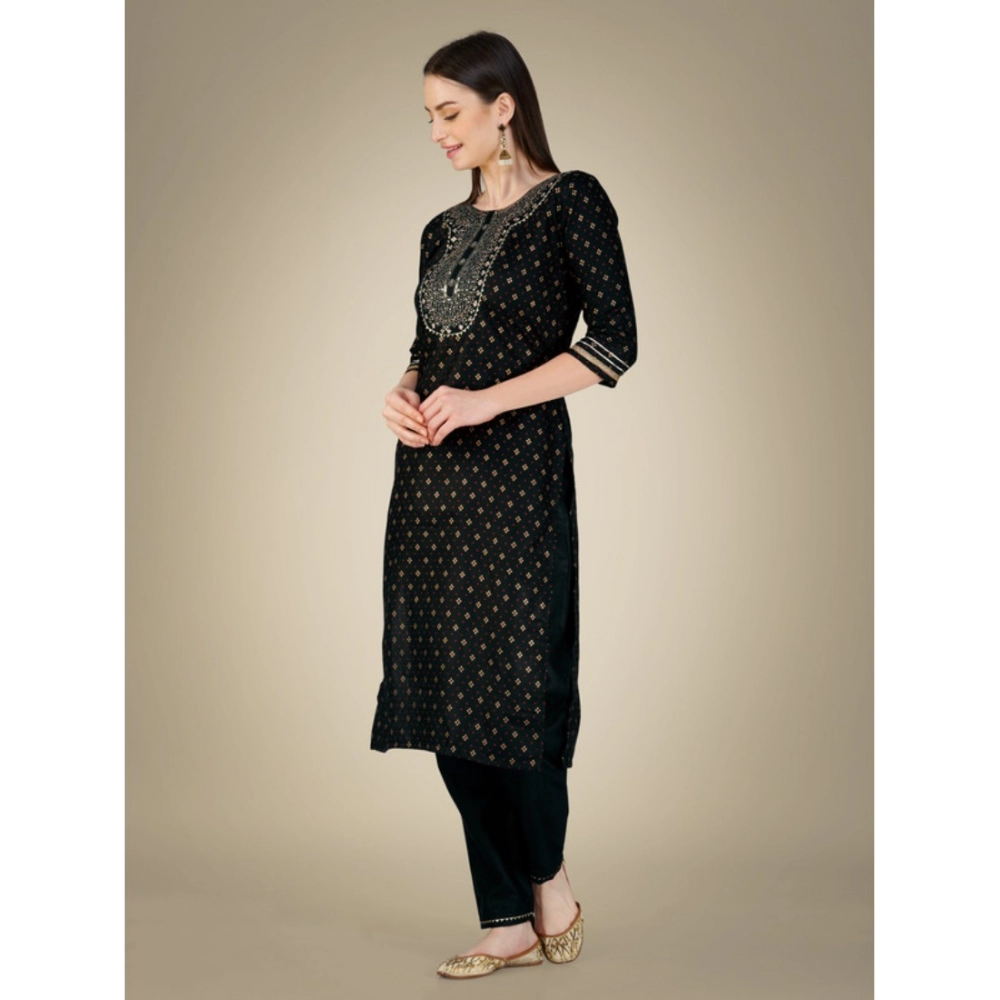 Women's Casual 3-4 th Sleeve Embroidery Cotton Kurti Pant Dupatta Set (Black) - Image 2