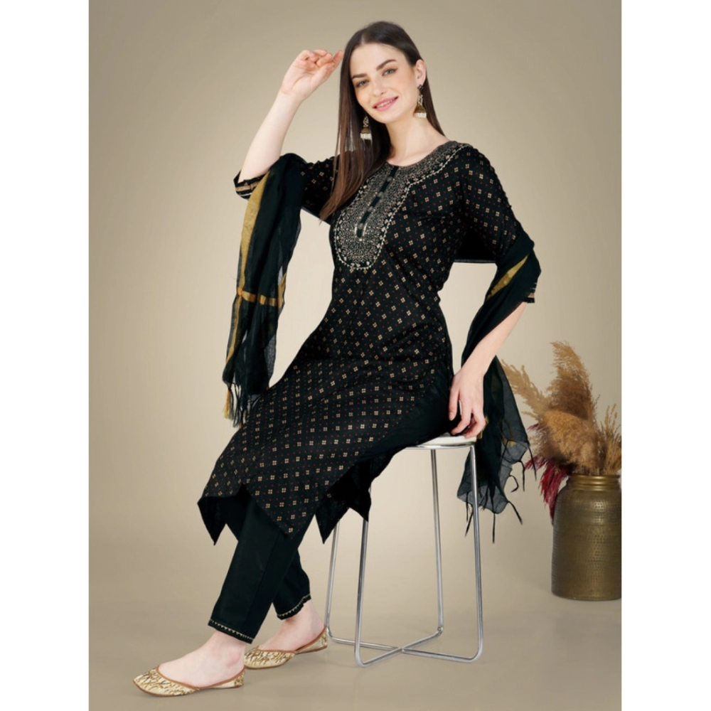 Women's Casual 3-4 th Sleeve Embroidery Cotton Kurti Pant Dupatta Set (Black) - Image 3