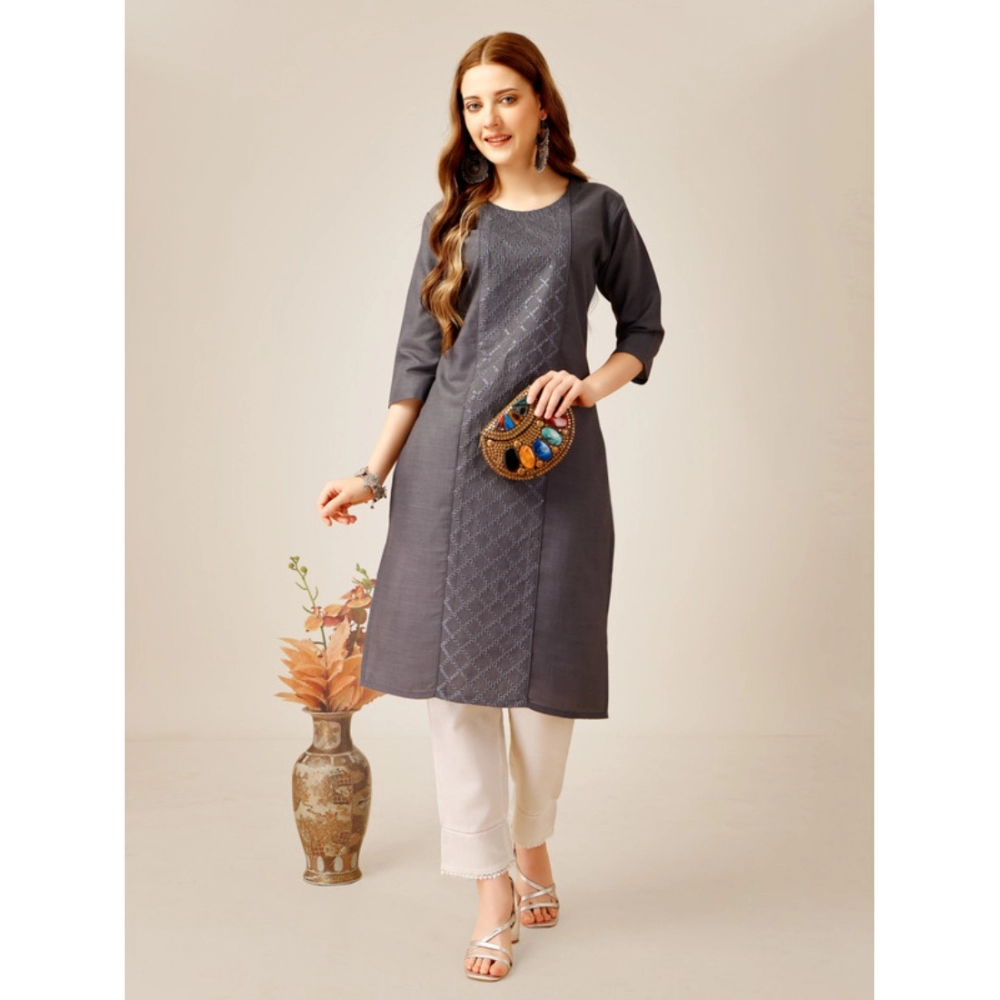 Women's Casual 3-4 th Sleeve Embroidery Cotton Kurti Pant Set (Grey) - Image 2