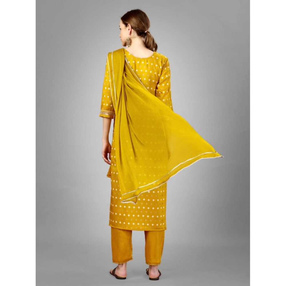 Women's Casual 3-4 th Sleeve Embroidery Silk Blend Kurti Pant Dupatta Set (Golden) - Image 7