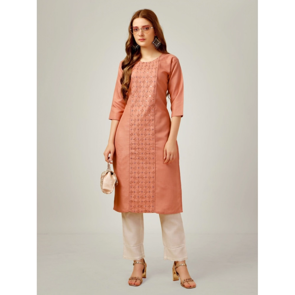 Women's Casual 3-4 th Sleeve Embroidery Cotton Kurti Pant Set (Orange) - Image 2
