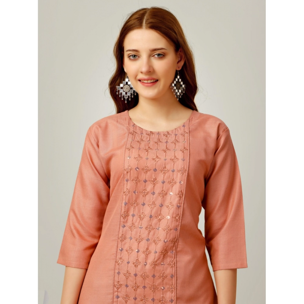 Women's Casual 3-4 th Sleeve Embroidery Cotton Kurti Pant Set (Orange) - Image 3