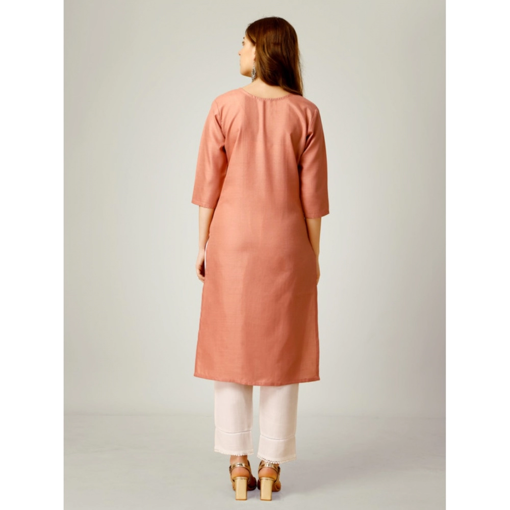 Women's Casual 3-4 th Sleeve Embroidery Cotton Kurti Pant Set (Orange) - Image 6