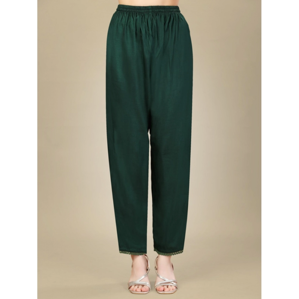 Women's Casual 3-4 th Sleeve Embroidery Silk Blend Kurti Pant Dupatta Set (Dark Green) - Image 2