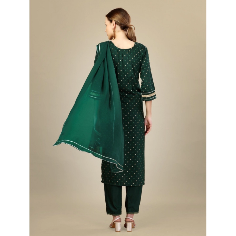 Women's Casual 3-4 th Sleeve Embroidery Silk Blend Kurti Pant Dupatta Set (Dark Green) - Image 7