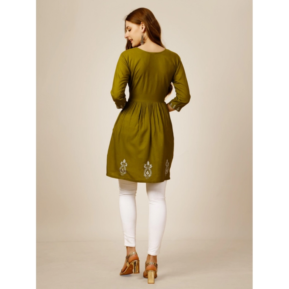 Women's Casual 3-4 th Sleeve Embroidered Rayon Tunic Top (Green) - Image 4