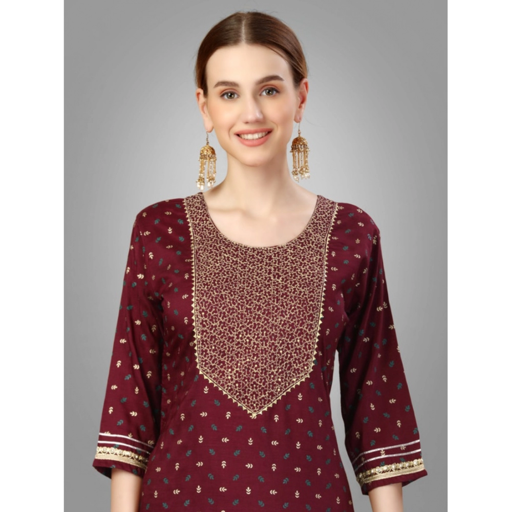 Women's Casual 3-4 th Sleeve Embroidery Silk Blend Kurti Pant Dupatta Set (Maroon) - Image 3