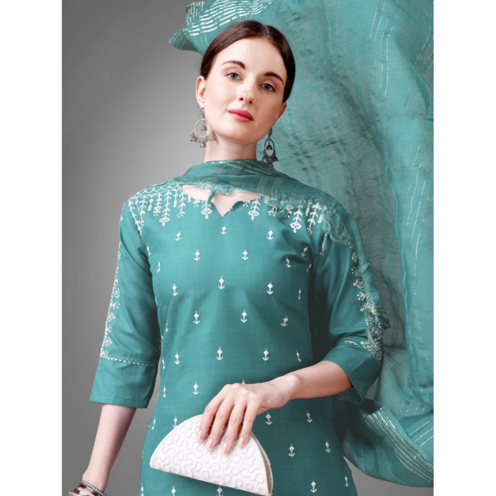 Women's Casual 3-4 th Sleeve Embroidery Cotton Kurti Pant Dupatta Set (Teal) - Image 3