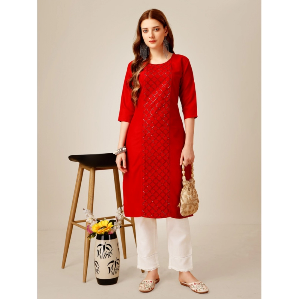 Women's Casual 3-4 th Sleeve Embroidery Cotton Kurti Pant Set (Red) - Image 3