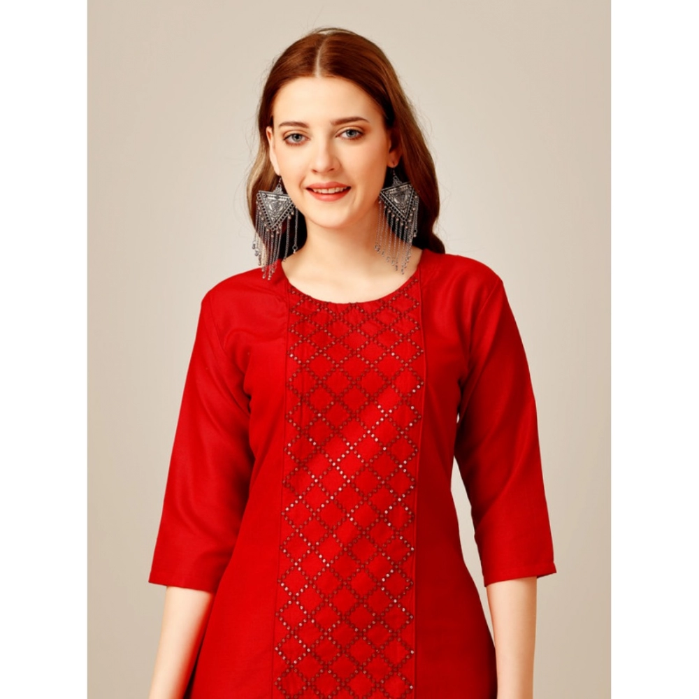 Women's Casual 3-4 th Sleeve Embroidery Cotton Kurti Pant Set (Red) - Image 4