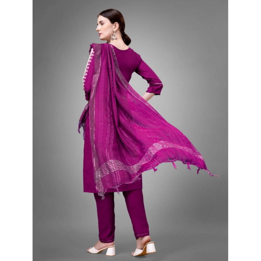 Women's Casual 3-4 th Sleeve Embroidery Cotton Kurti Pant Dupatta Set (Purple) - Image 6