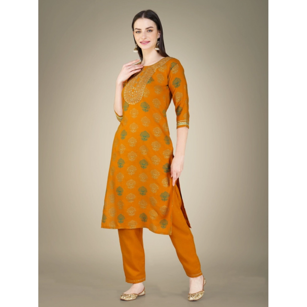 Women's Casual 3-4 th Sleeve Embroidery Cotton Kurti Pant Dupatta Set (Yellow) - Image 2