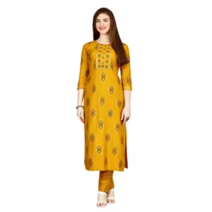 Women's Casual 3-4 th Sleeve Embroidery Rayon Kurti Pant Set (Yellow)