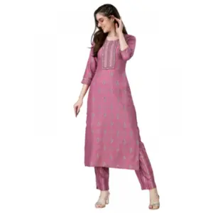 Women's Casual 3-4 th Sleeve Embroidery Rayon Kurti Pant Set (Purple)
