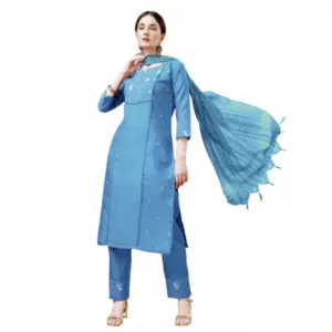 Women's Casual 3-4 th Sleeve Embroidery Cotton Kurti Pant Dupatta Set (Sky Blue)