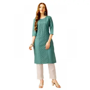 Women's Casual 3-4 th Sleeve Embroidery Cotton Kurti Pant Set (Green)