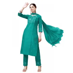 Women's Casual 3-4 th Sleeve Embroidery Cotton Kurti Pant Dupatta Set (Rama)