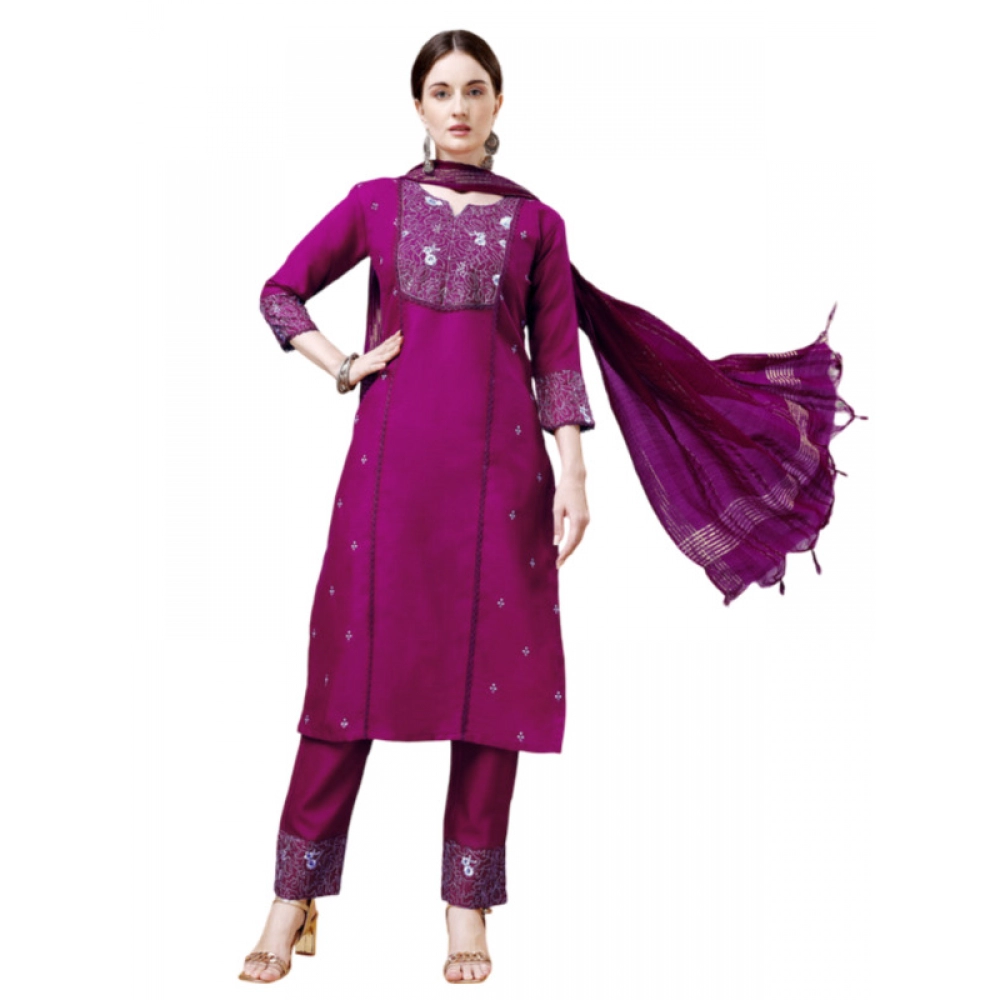Women's Casual 3-4 th Sleeve Embroidery Cotton Kurti Pant Dupatta Set (Purple)